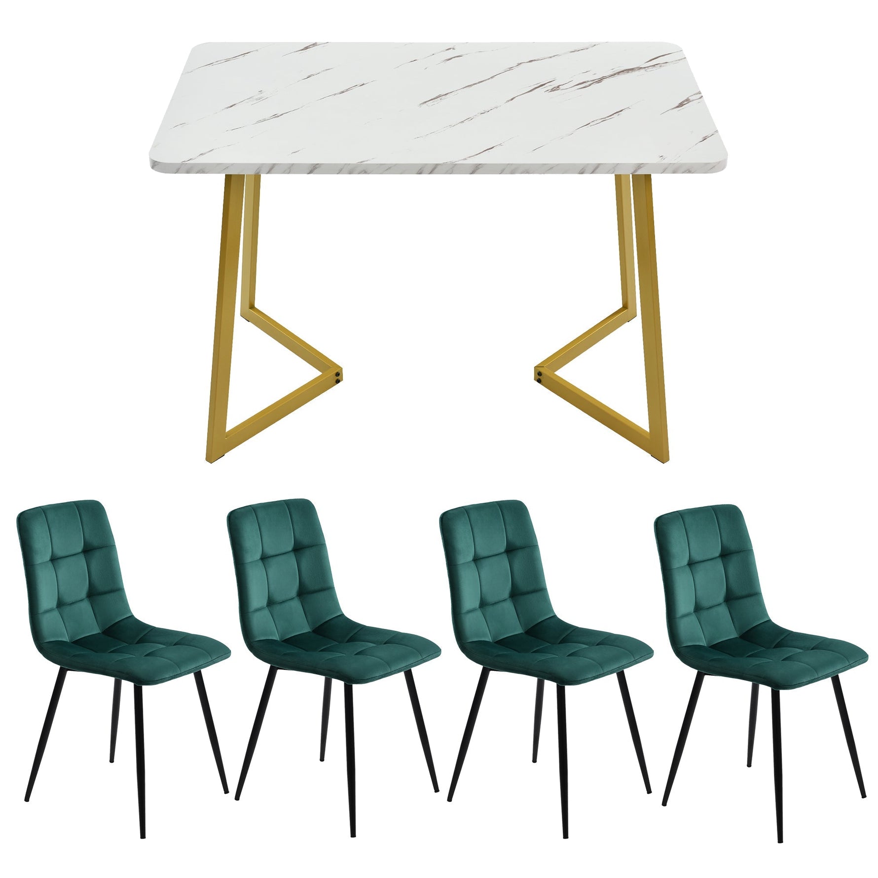 117cm Dining Set 5-Piece Rectangular Modern Dark Green Velvet Gold