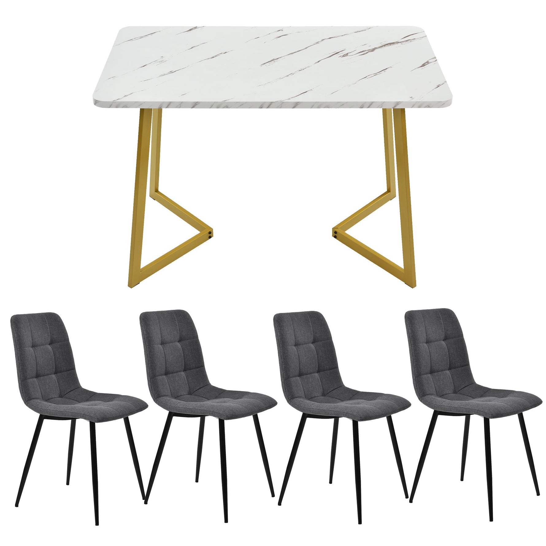 5-Piece Dining Set 117cm Rectangular Table 4 Dark Grey Linen Chairs Gold Legs