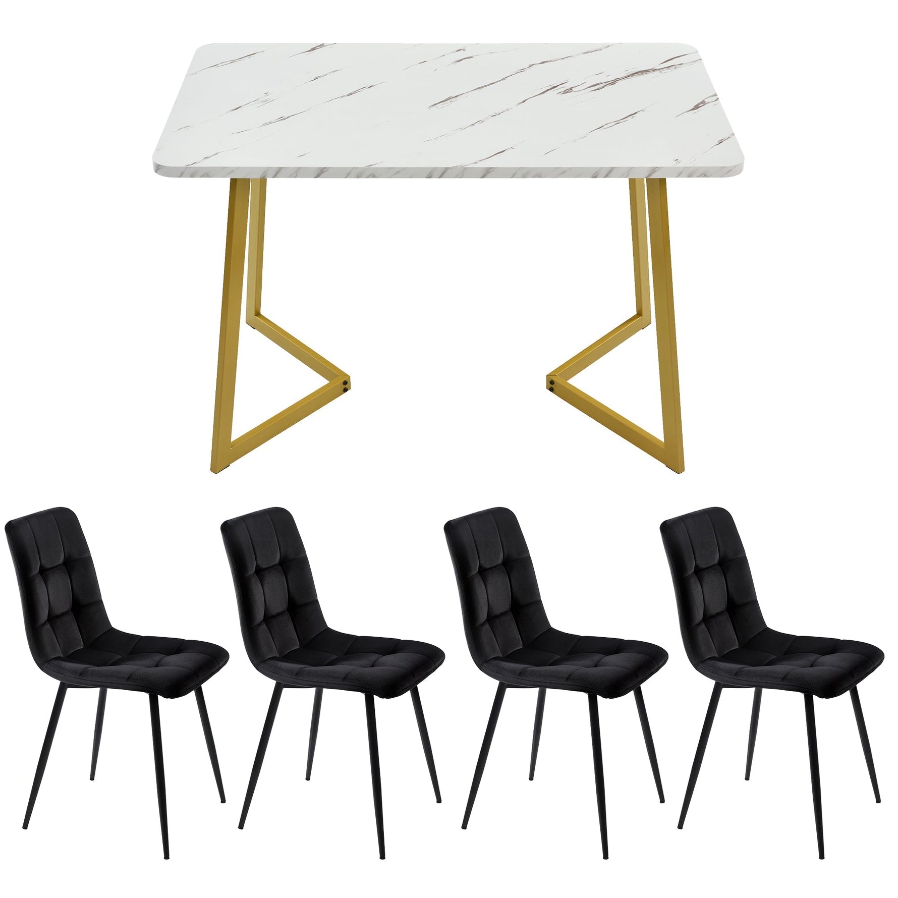 Dining Set 5-Piece 117cm Rectangular Table Black Velvet Gold Legs