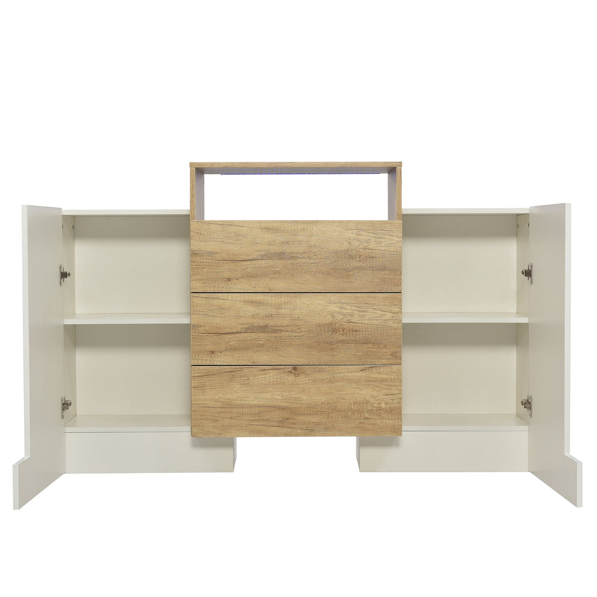 Sideboard, 140cm Modern Chest of Drawers with LED, High-Gloss White & Wood