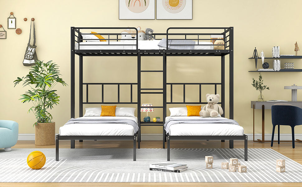 Triple Bunk Bed with Ladder, Safety Rail & Table, Black Iron