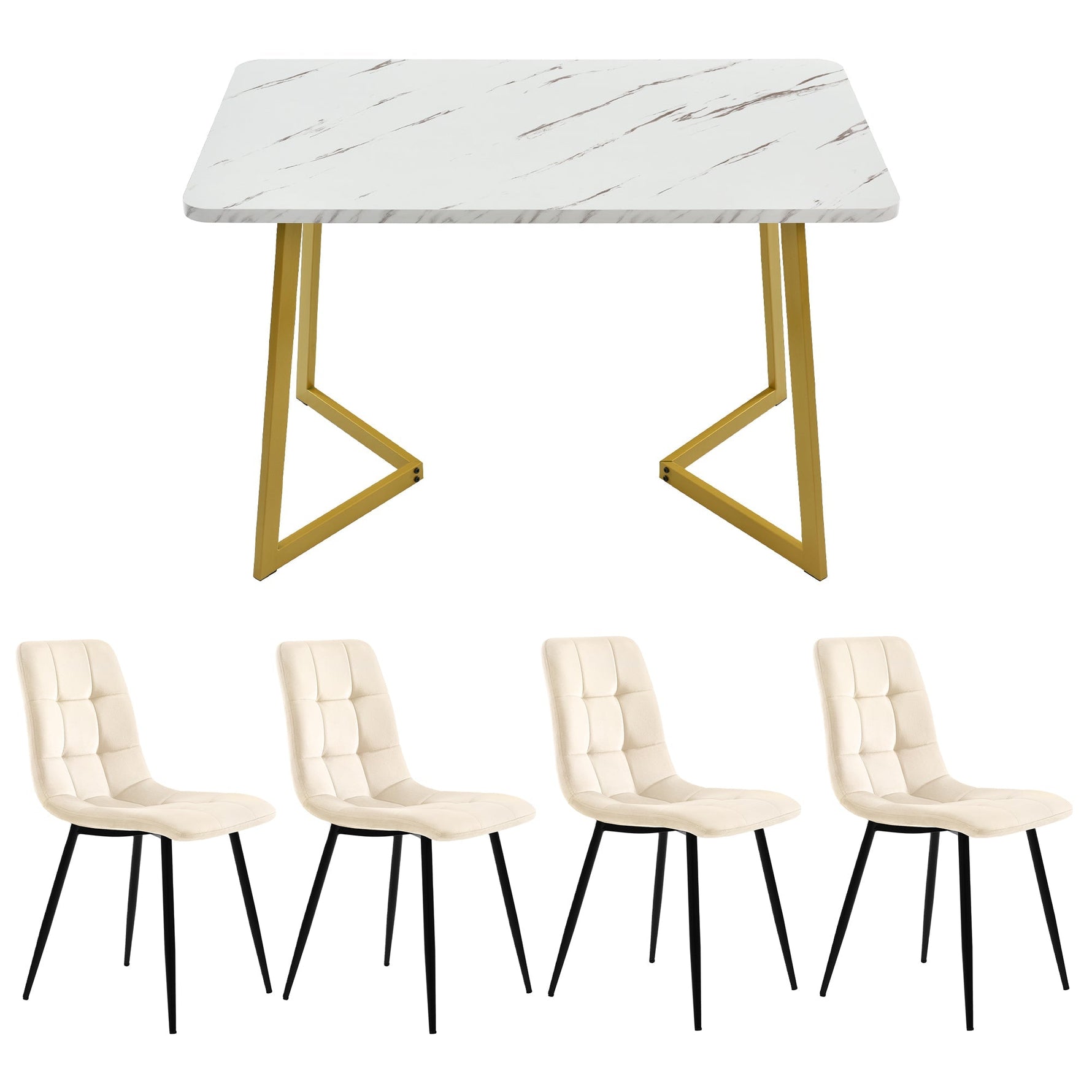 Dining Set 5-Piece 117cm Rectangular Modern Table Beige Velvet Gold Legs