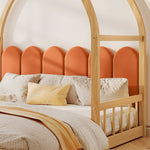 Loft Bed, Expandable Vaulted Sliding, Velvet Cushions, Pinewood Frame, Natural and Orange