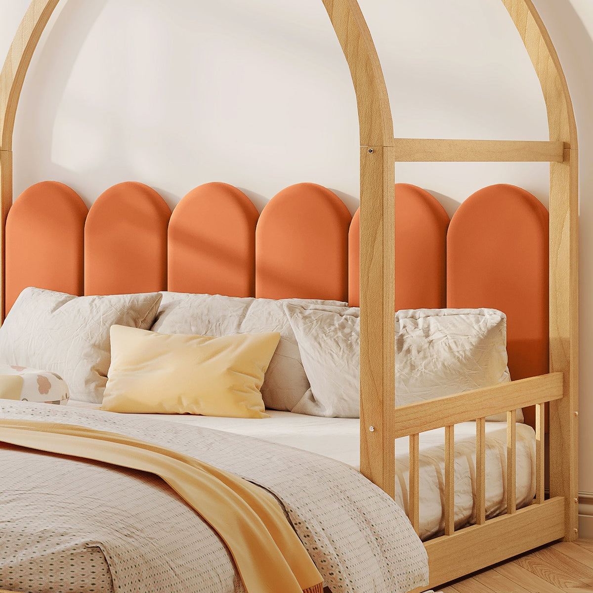Loft Bed, Expandable Vaulted Sliding, Velvet Cushions, Pinewood Frame, Natural and Orange