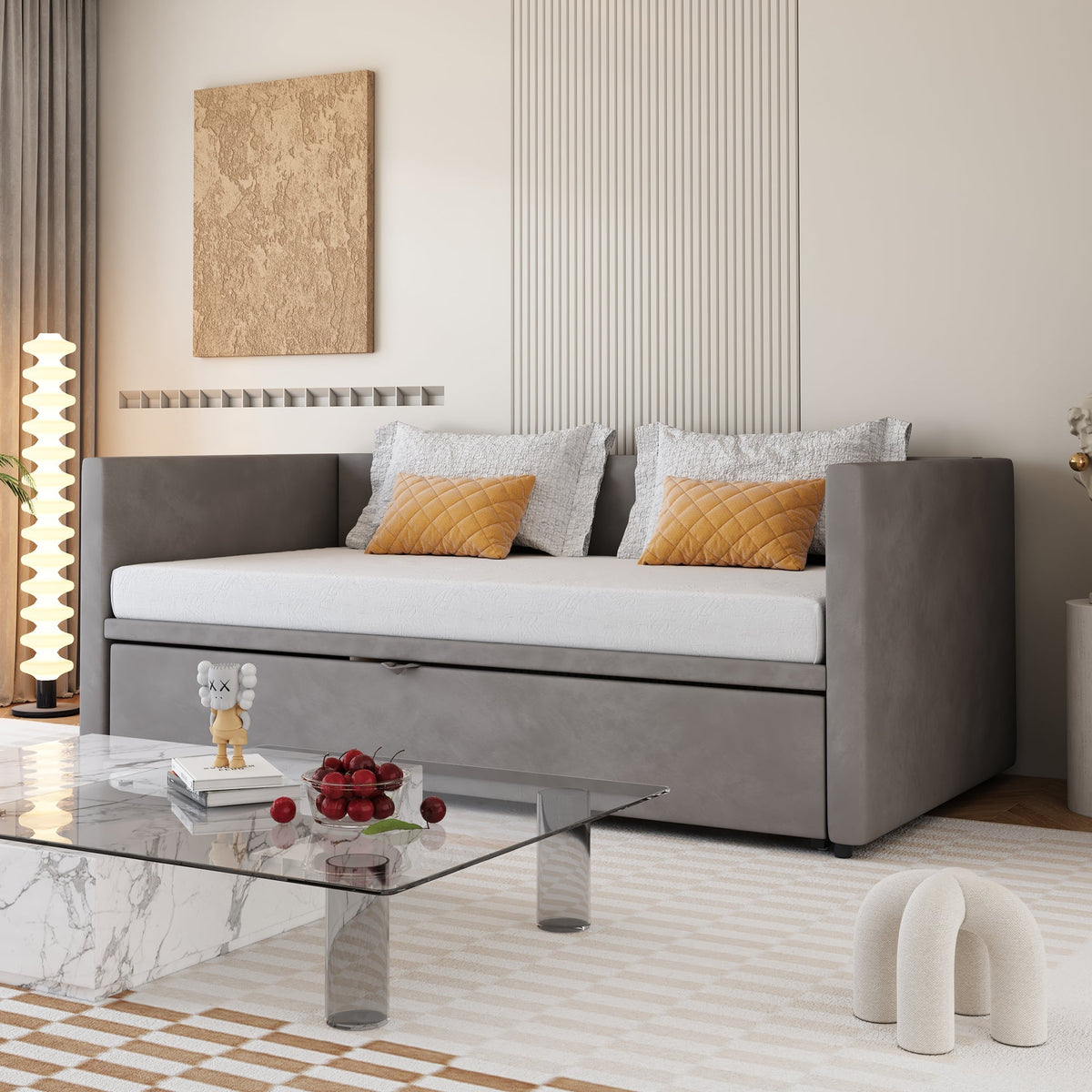 Upholstered Sofa Bed Extendable 90/180x200cm Multifunctional Slatted Frame Velvet Grey