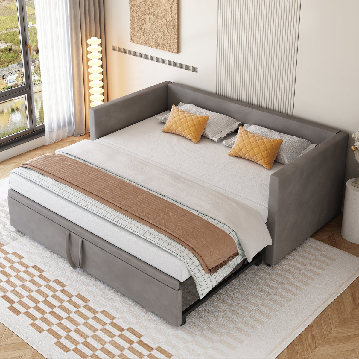 Upholstered Sofa Bed Extendable 90/180x200cm Multifunctional Slatted Frame Velvet Grey
