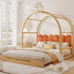 Loft Bed, Expandable Vaulted Sliding, Velvet Cushions, Pinewood Frame, Natural and Orange
