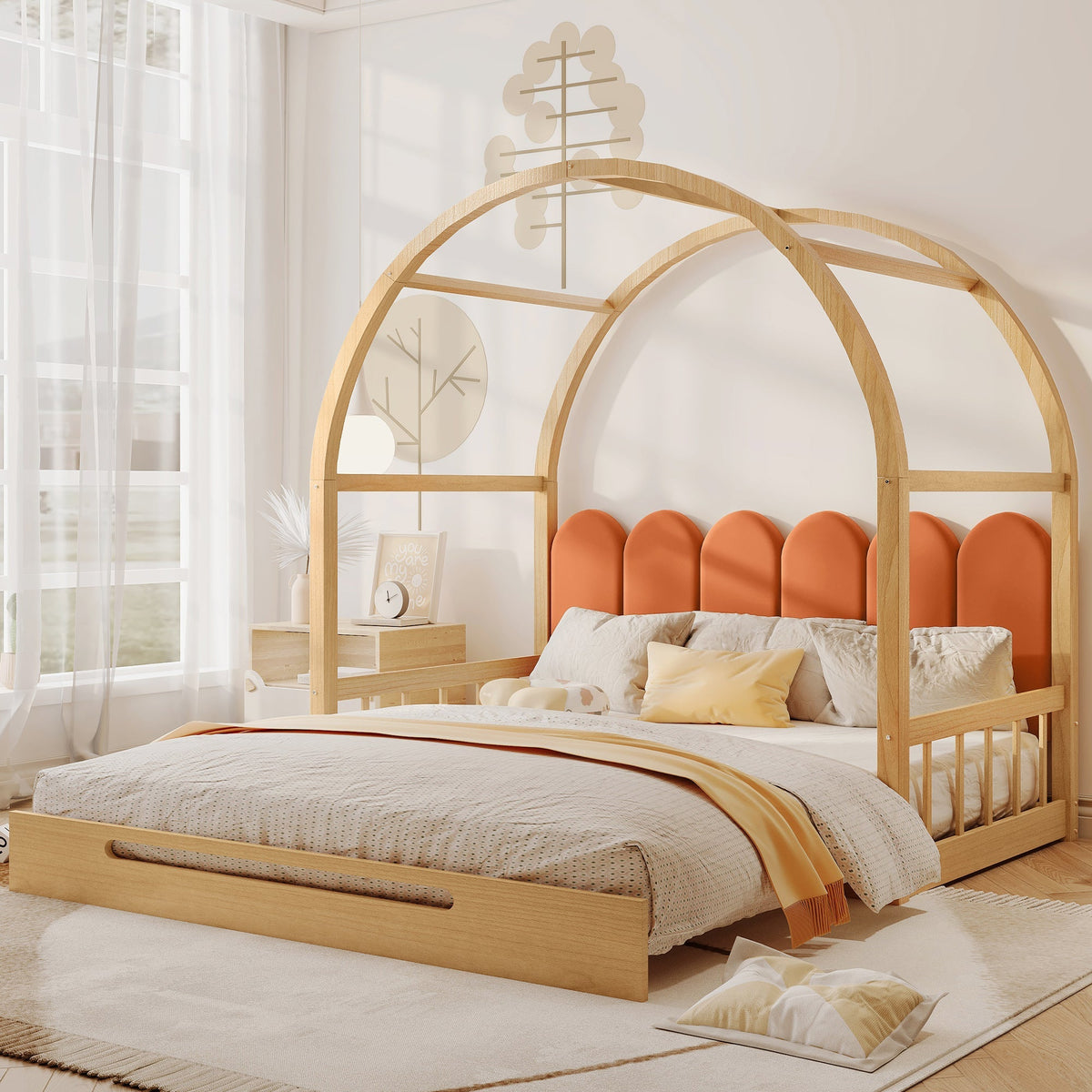 Loft Bed, Expandable Vaulted Sliding, Velvet Cushions, Pinewood Frame, Natural and Orange