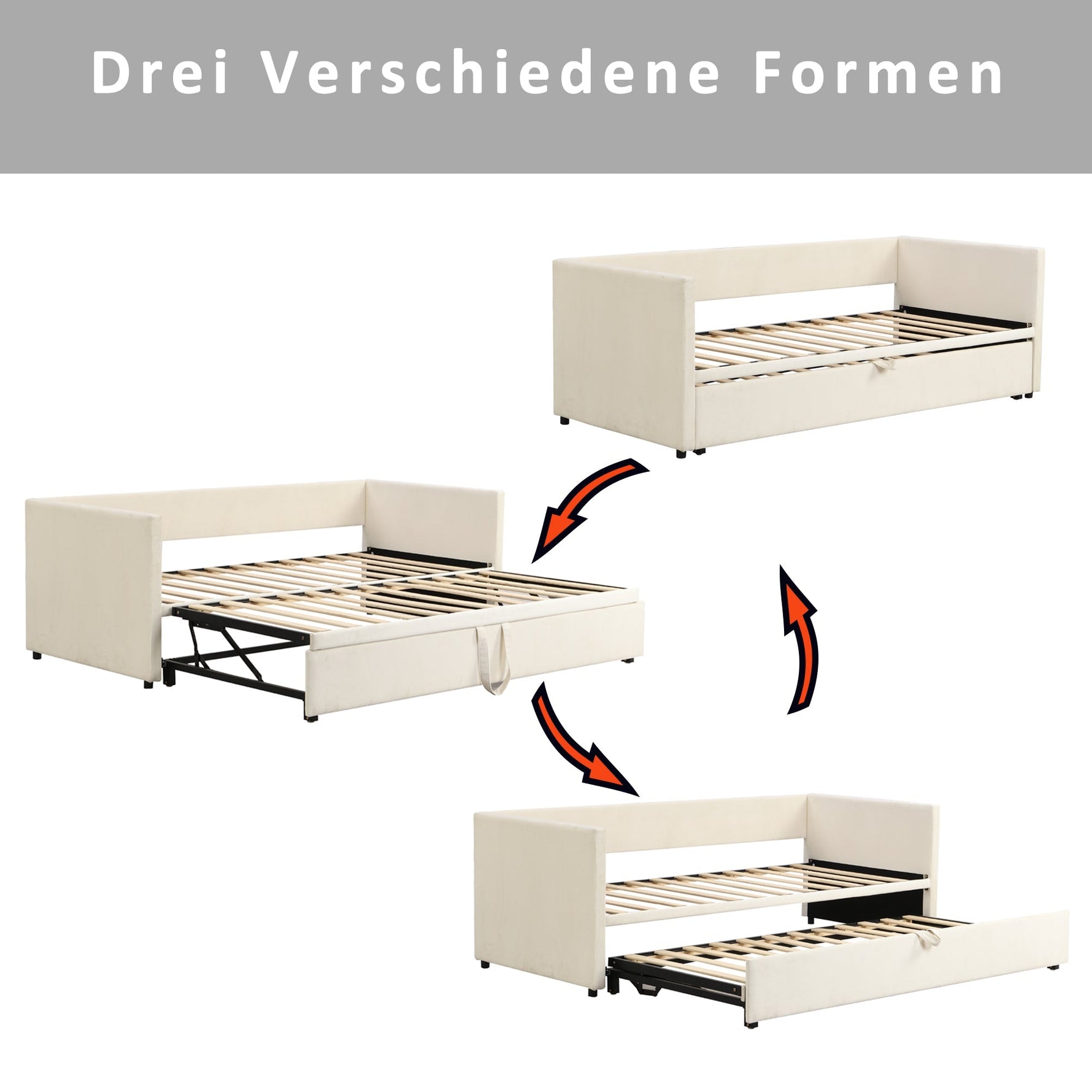 Upholstered Bed, Pull-Out Sofa Bed 90/180x200 cm, Velvet Fabric, Beige