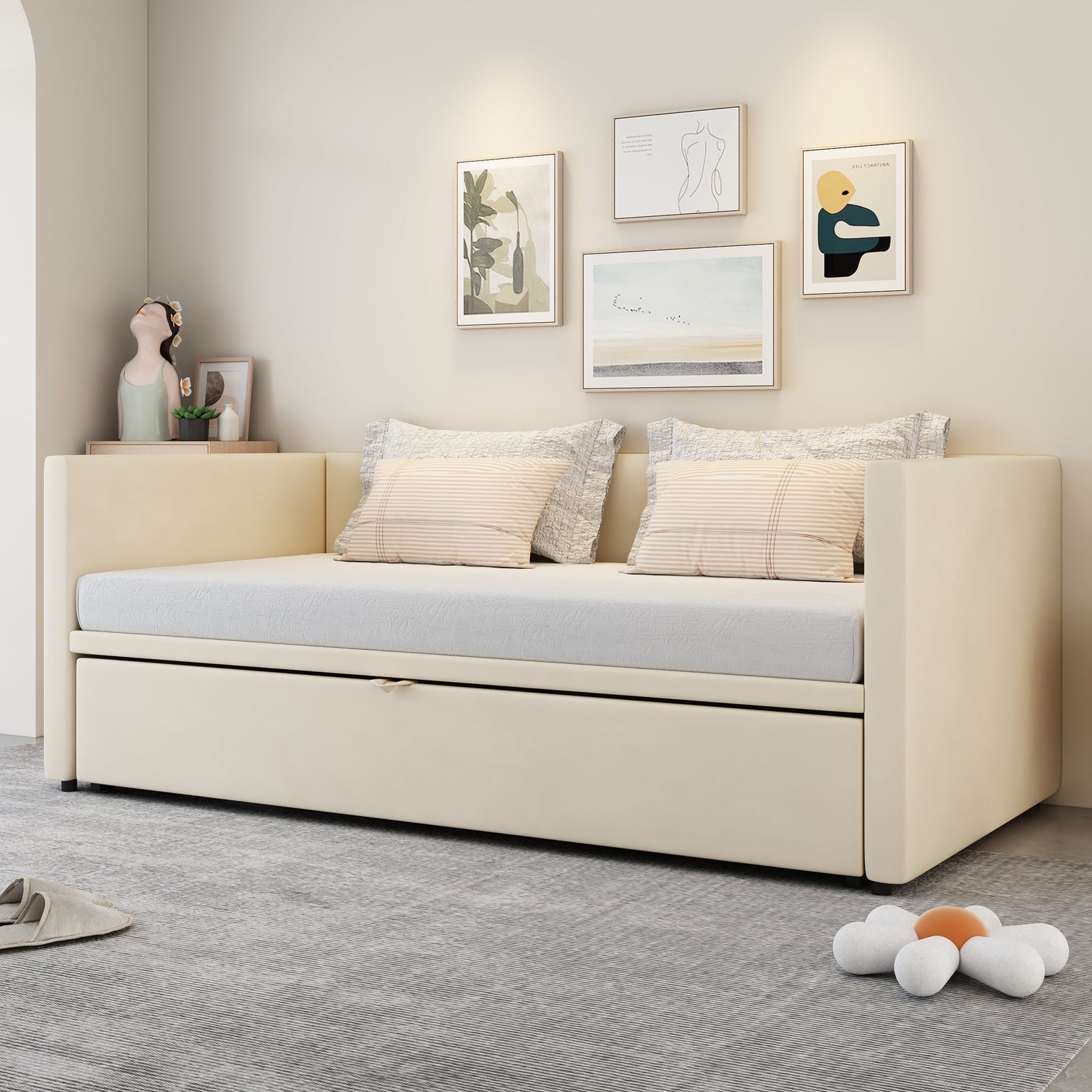 Upholstered Bed, Pull-Out Sofa Bed 90/180x200 cm, Velvet Fabric, Beige