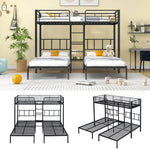 Triple Bunk Bed with Ladder, Safety Rail & Table, Black Iron