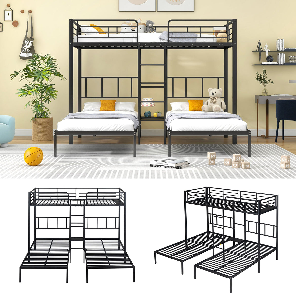 Triple Bunk Bed with Ladder, Safety Rail & Table, Black Iron