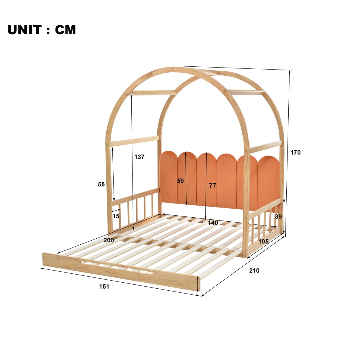 Loft Bed, Expandable Vaulted Trundle Day Double with Velvet Cushions, Pinewood Frame Natural & Orange