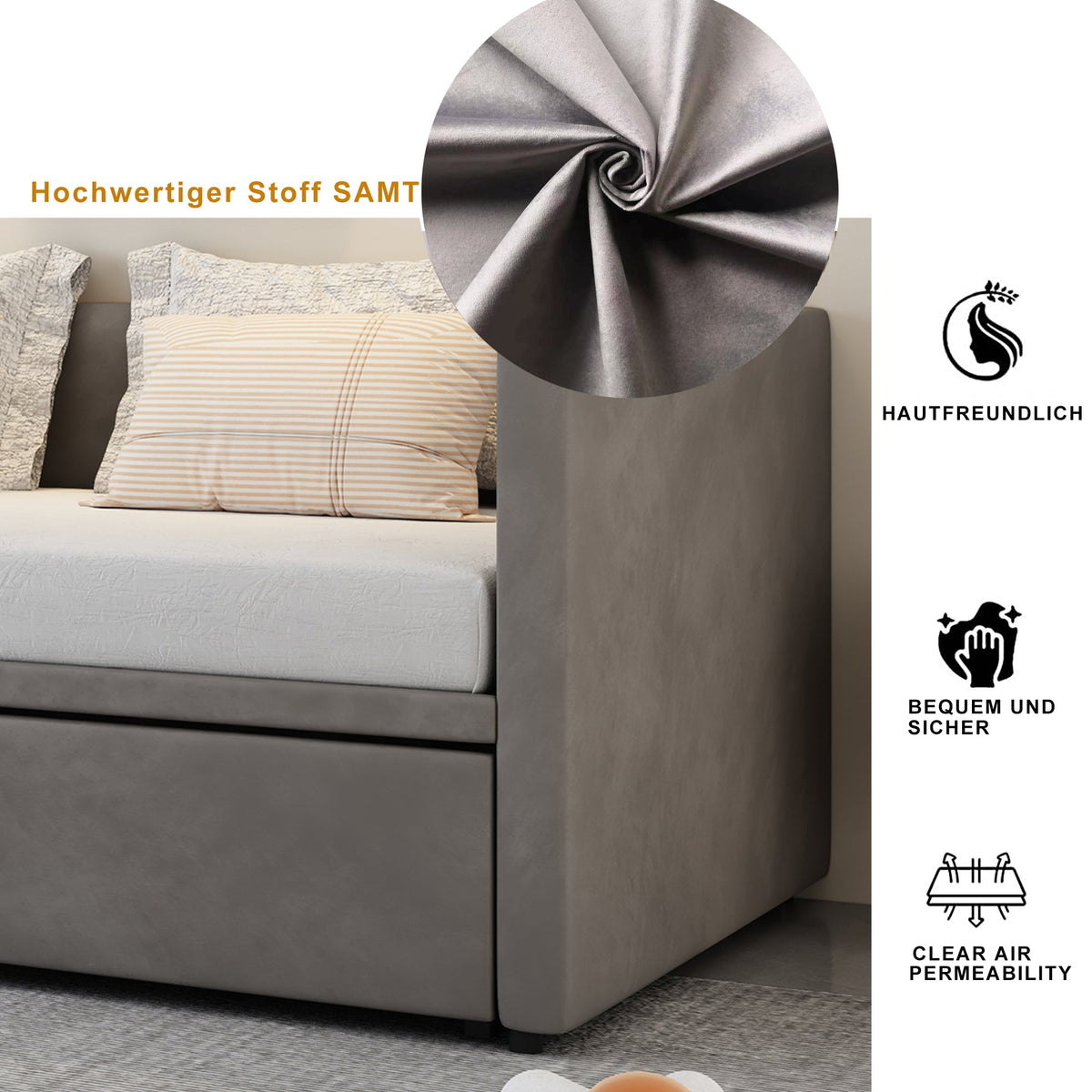 Upholstered Sofa Bed Extendable 90/180x200cm Multifunctional Slatted Frame Velvet Grey