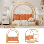 Loft Bed, Expandable Vaulted Trundle Day Double with Velvet Cushions, Pinewood Frame Natural & Orange