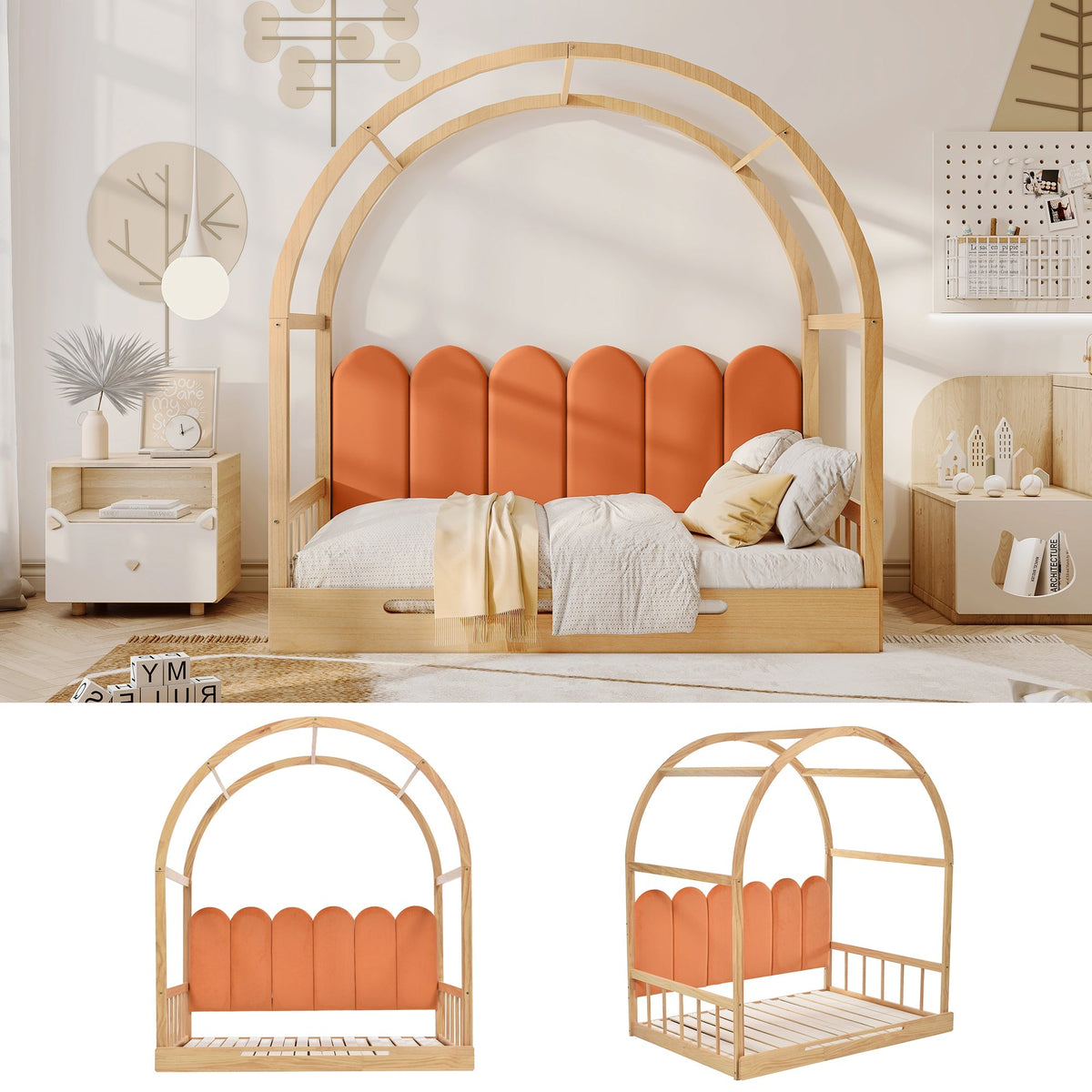 Loft Bed, Expandable Vaulted Trundle Day Double with Velvet Cushions, Pinewood Frame Natural & Orange