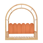 Loft Bed, Expandable Vaulted Sliding, Velvet Cushions, Pinewood Frame, Natural and Orange
