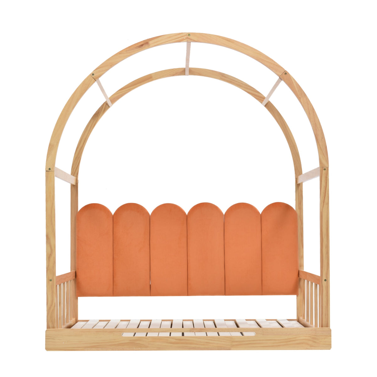 Loft Bed, Expandable Vaulted Sliding, Velvet Cushions, Pinewood Frame, Natural and Orange