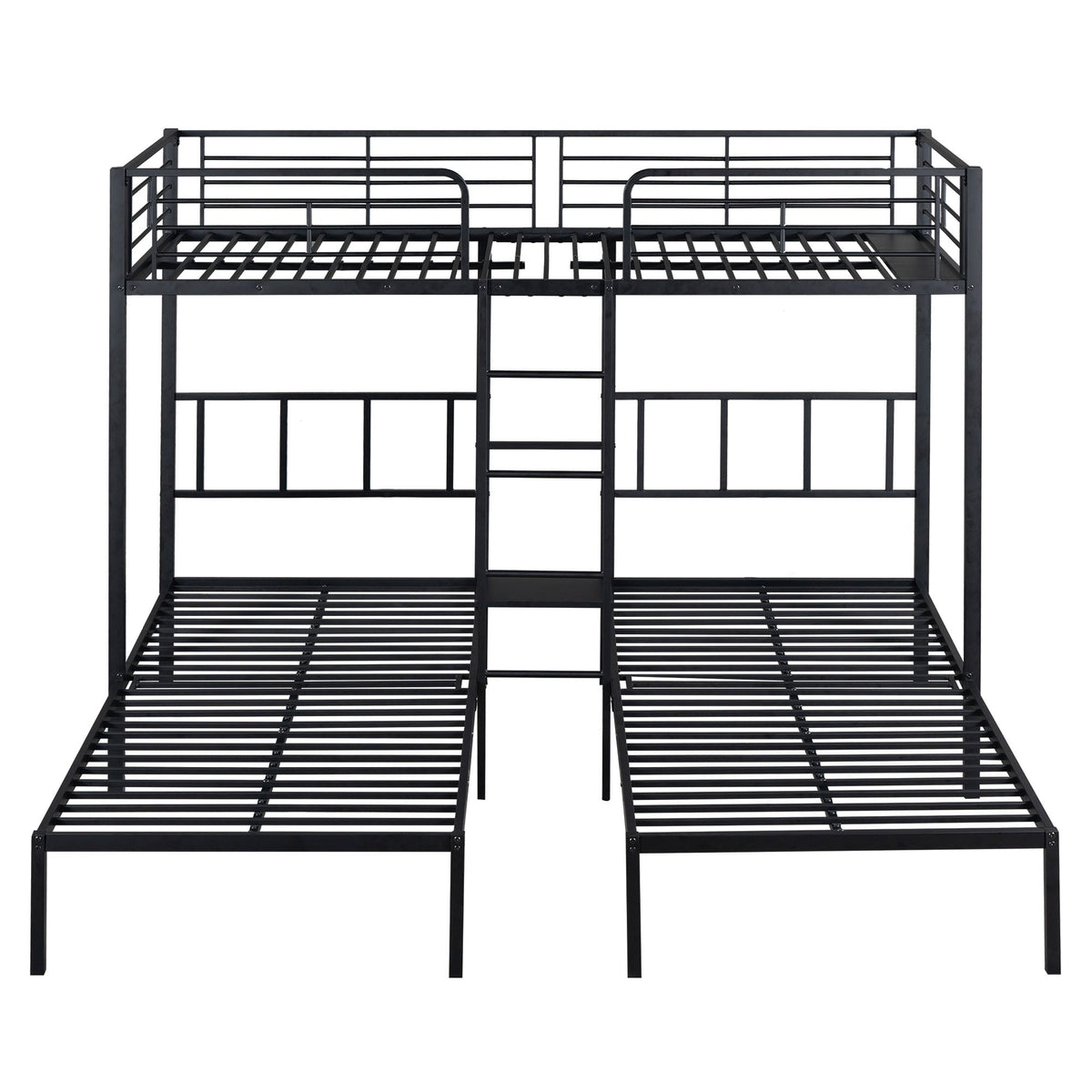 Triple Bunk Bed with Ladder, Safety Rail & Table, Black Iron