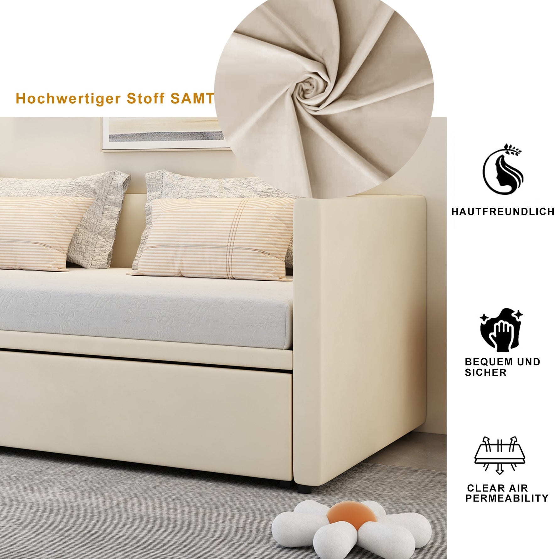 Upholstered Bed, Pull-Out Sofa Bed 90/180x200 cm, Velvet Fabric, Beige