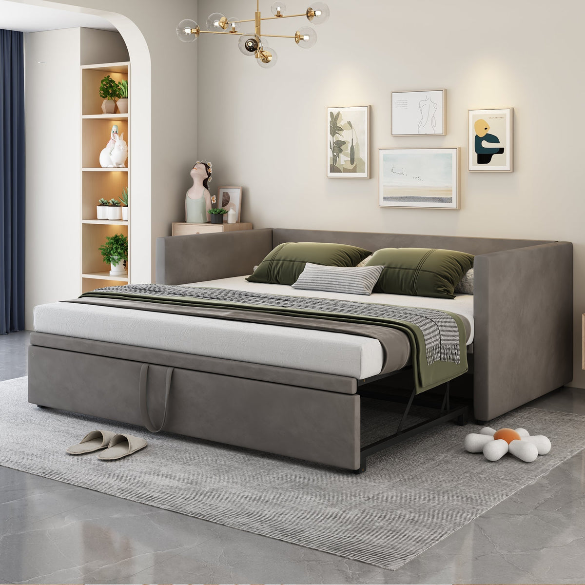 Upholstered Sofa Bed Extendable 90/180x200cm Multifunctional Slatted Frame Velvet Grey