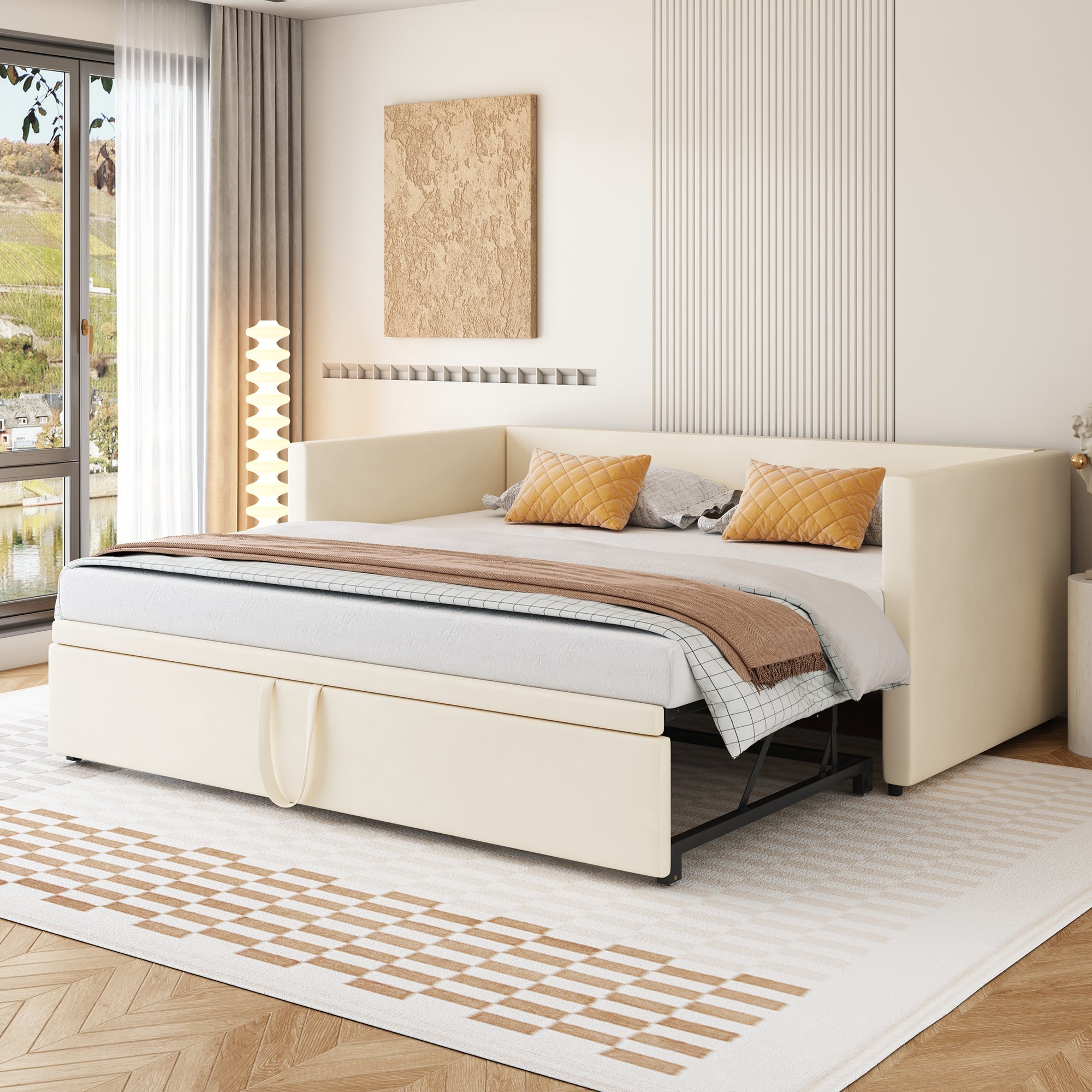 Upholstered Bed, Pull-Out Sofa Bed 90/180x200 cm, Velvet Fabric, Beige