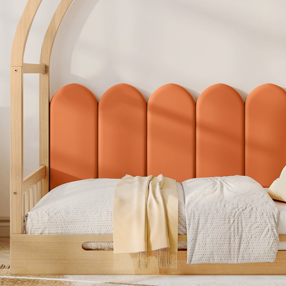 Loft Bed, Expandable Vaulted Sliding, Velvet Cushions, Pinewood Frame, Natural and Orange