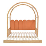 Loft Bed, Expandable Vaulted Sliding, Velvet Cushions, Pinewood Frame, Natural and Orange