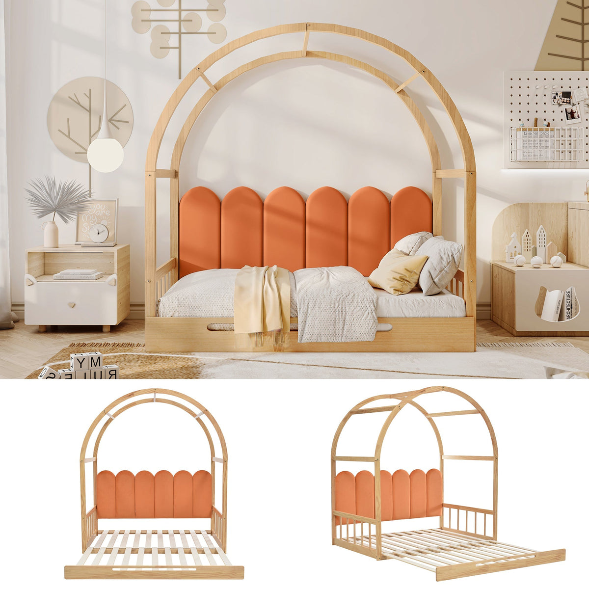Loft Bed, Expandable Vaulted Sliding, Velvet Cushions, Pinewood Frame, Natural and Orange