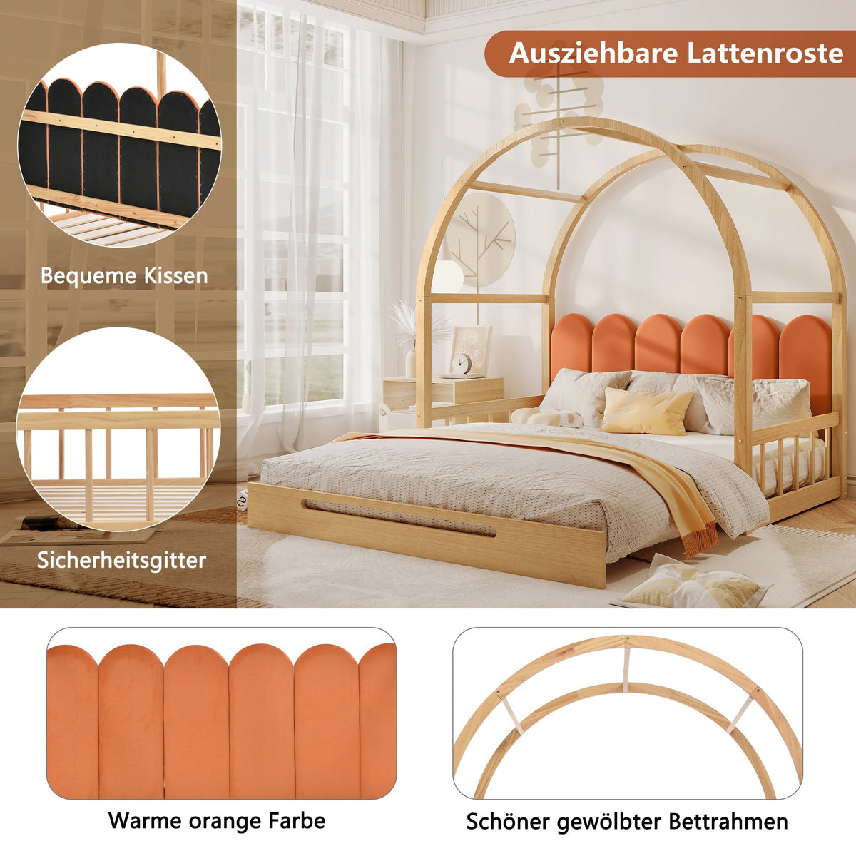 Loft Bed, Expandable Vaulted Sliding, Velvet Cushions, Pinewood Frame, Natural and Orange