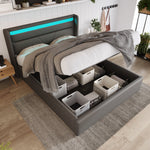 Hydraulic Storage Bed, LED, 140x200cm Upholstered, Gray