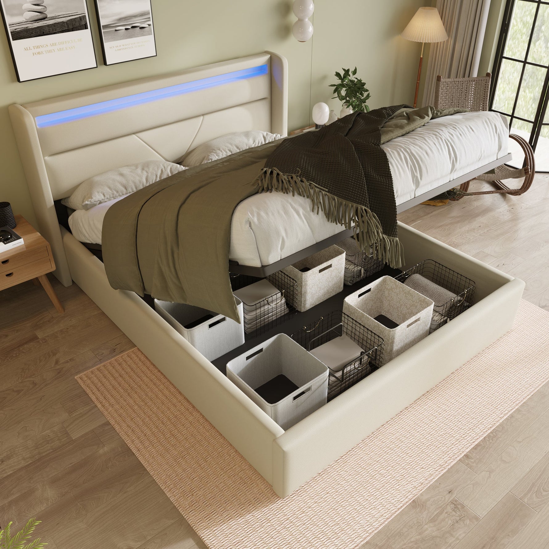 Hydraulic Storage Bed, 160x200cm Upholstered with LED Strip, White