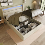 Hydraulic Storage Bed with LED Lighting and Remote Control, 160x200cm, White Upholstered