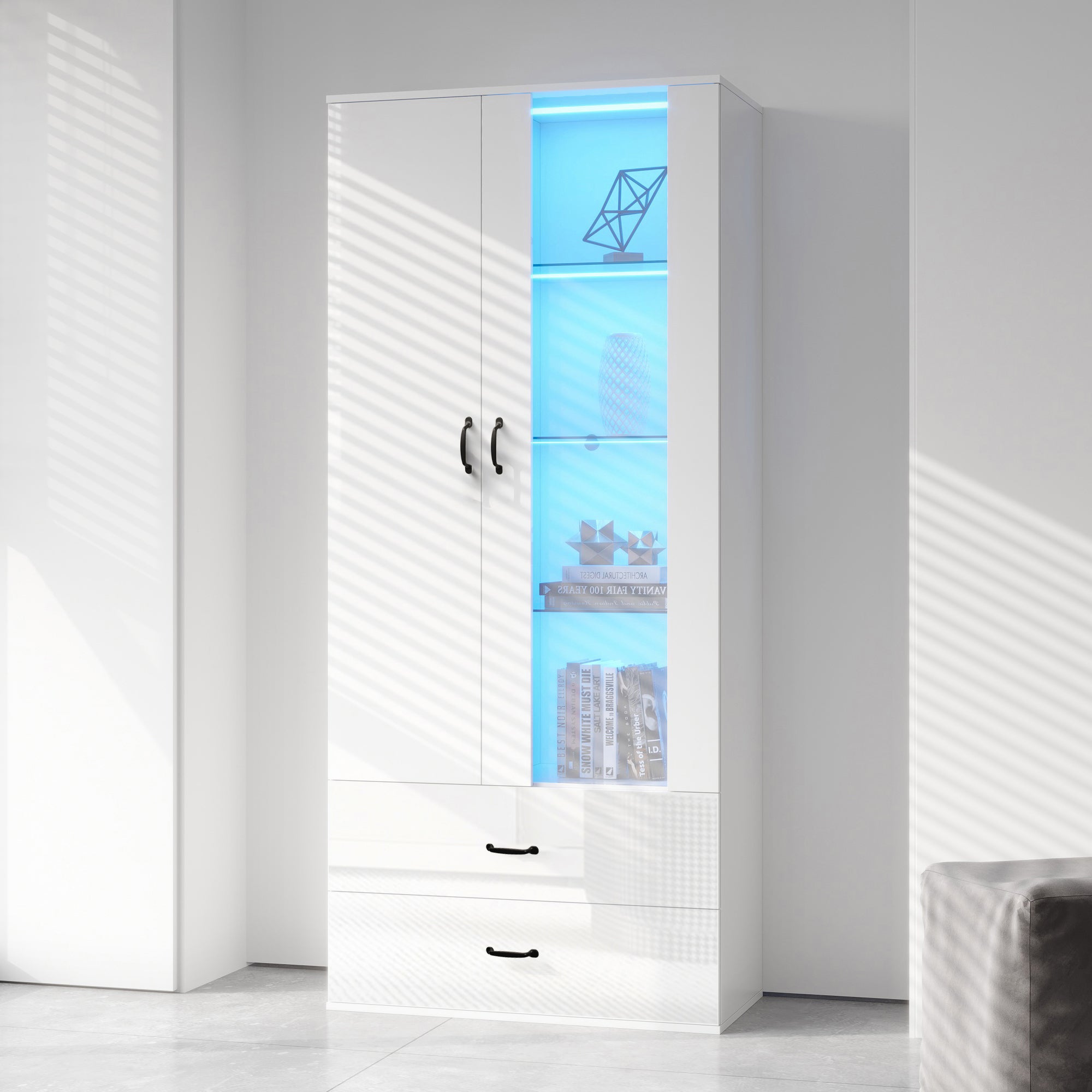 Display Cabinet, 16-Color LED Illuminated with 2 Transparent Doors, Freestanding, White