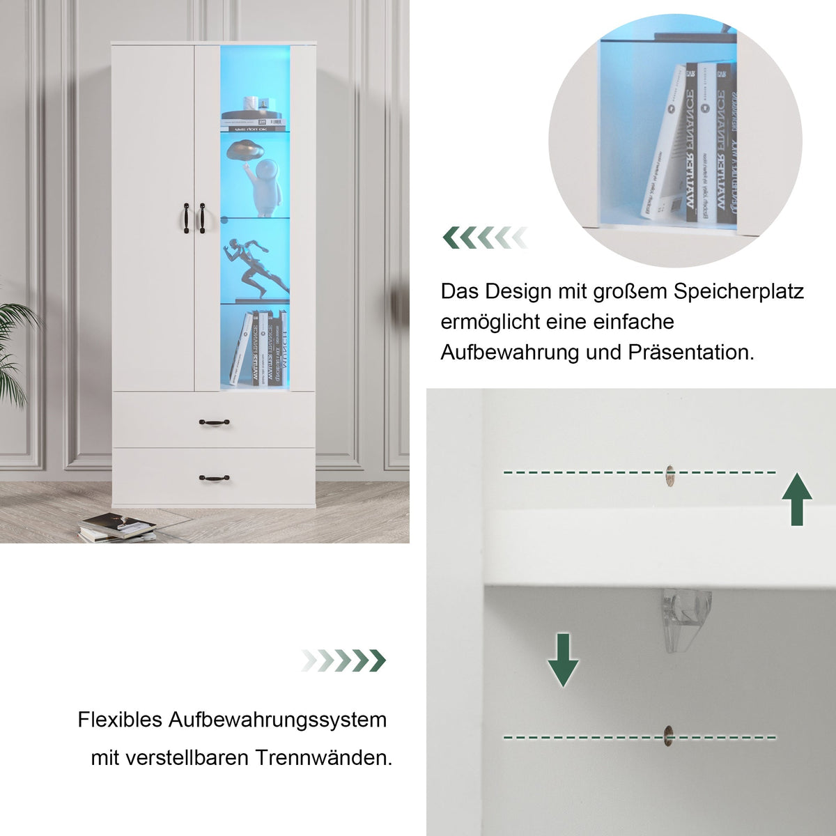 Display Cabinet, 16-Color LED Illuminated with 2 Transparent Doors, Freestanding, White
