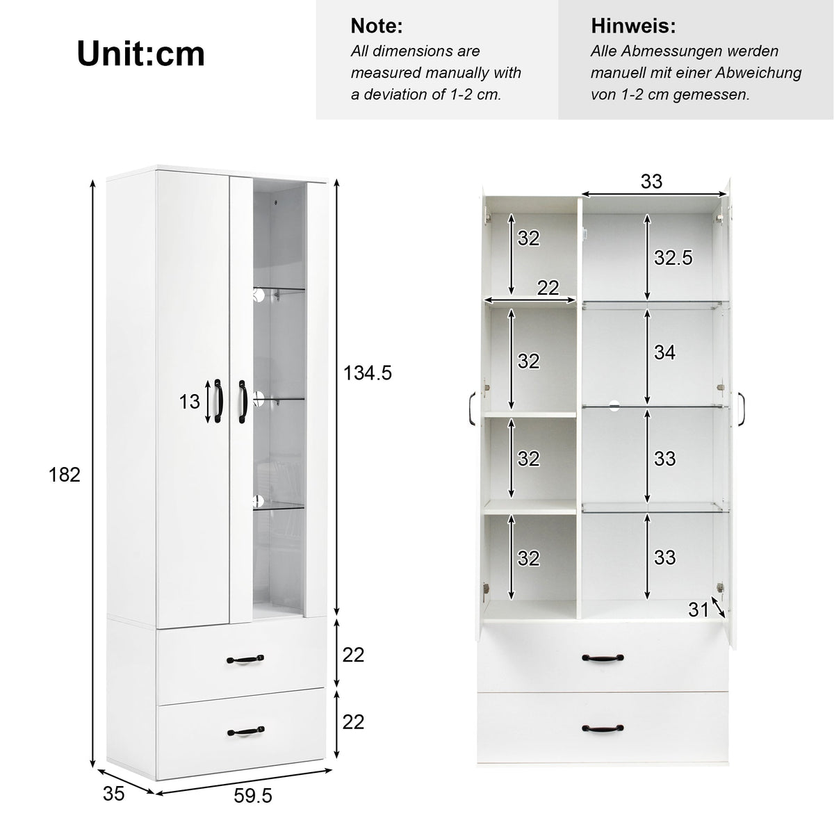 Display Cabinet, 16-Color LED Illuminated with 2 Transparent Doors, Freestanding, White
