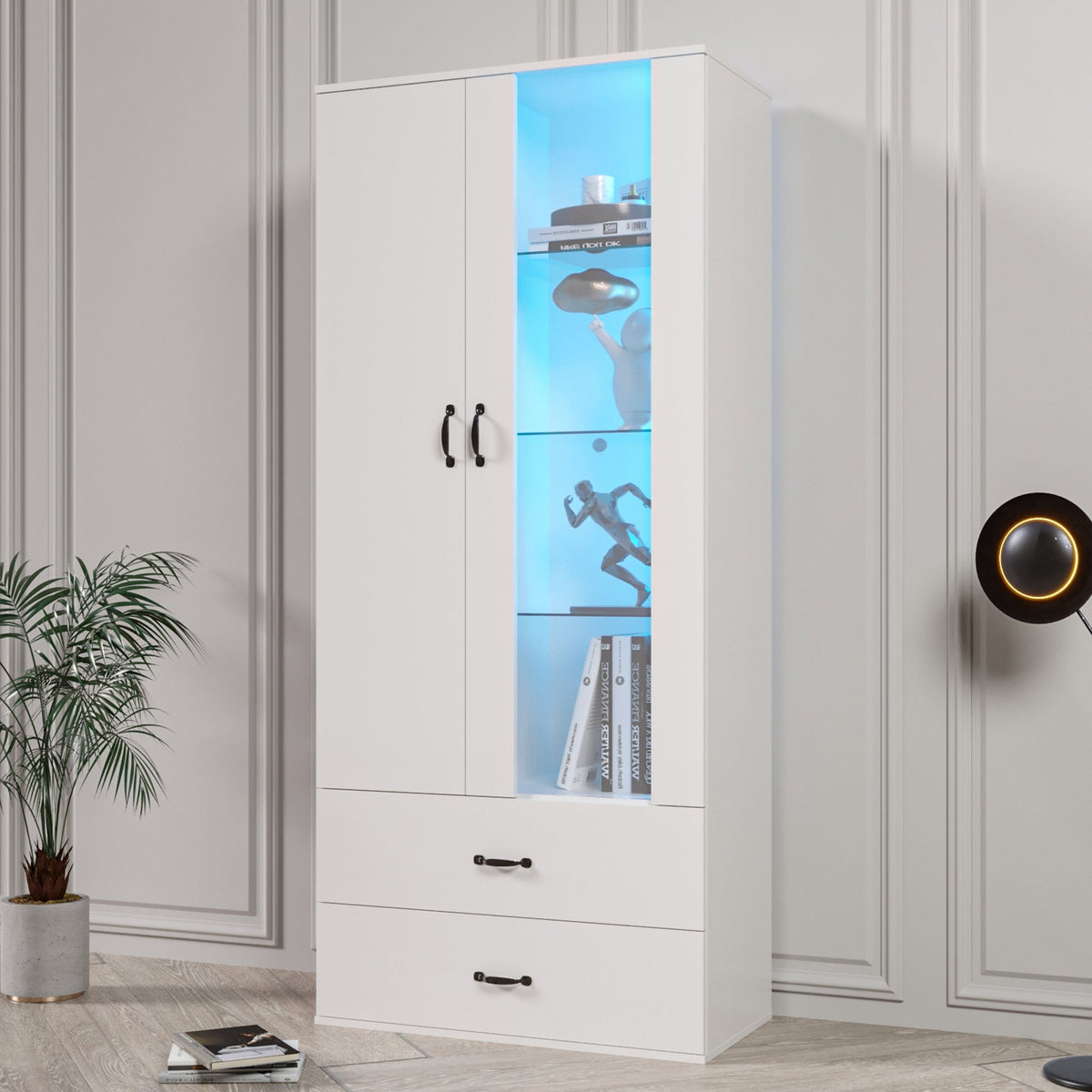 Display Cabinet, 16-Color LED Illuminated with 2 Transparent Doors, Freestanding, White