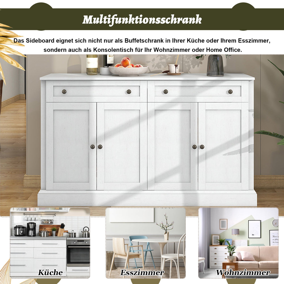 Sideboard, Modern Buffet with 4 Doors & 2 Drawers, 150x40x86cm, Antique White