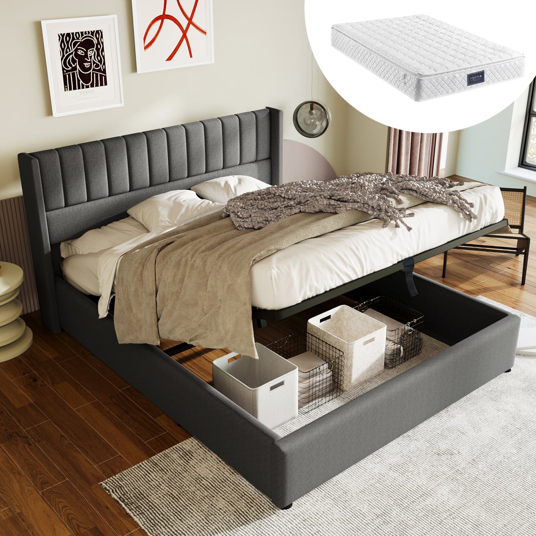 Storage Bed, Hydraulic Double 140x200cm with Wooden & Metal Slats, Linen Grey