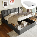 Storage Bed, Hydraulic Double 160x200cm Wooden & Metal Slatted Frame, Linen Grey