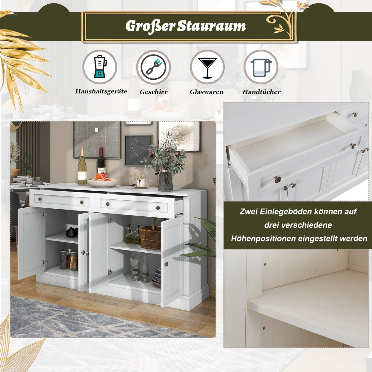 Sideboard, Modern Buffet with 4 Doors & 2 Drawers, 150x40x86cm, Antique White