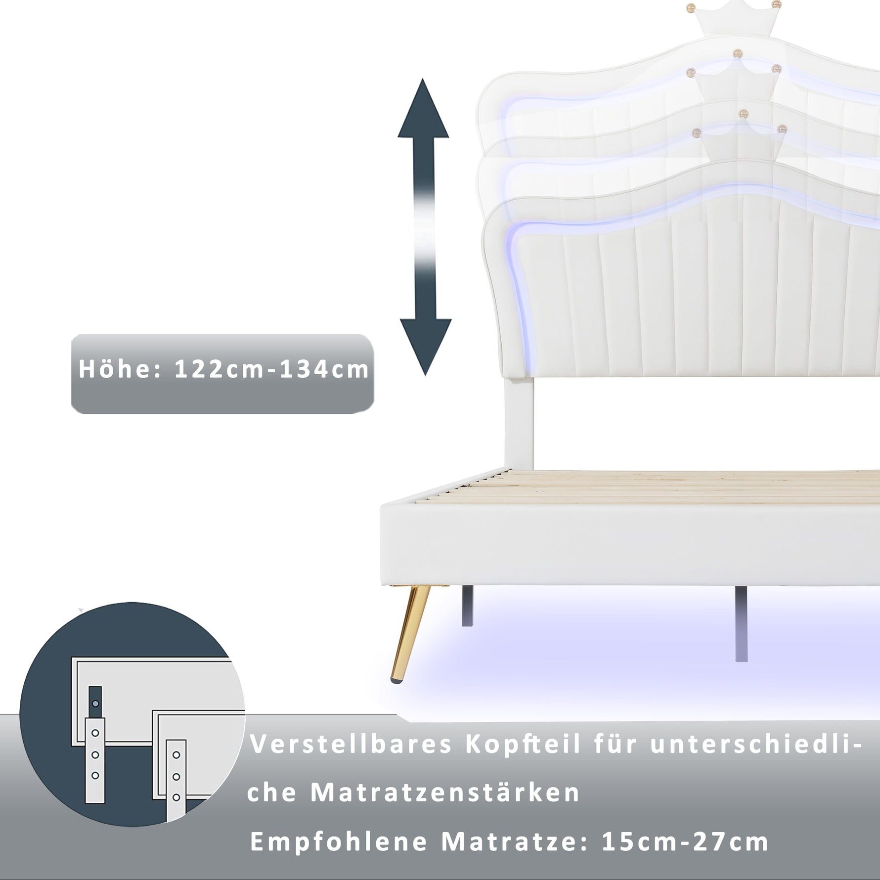 Children's Bed Upholstered, 90x200cm Crown Double Bed Frame with LED Lights, White PU Leather