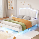 Children's Bed Upholstered, 140x200cm Crown Double with LED Lights, White PU Leather