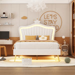 Children's Bed Upholstered, 90x200cm Crown Double Bed Frame with LED Lights, White PU Leather