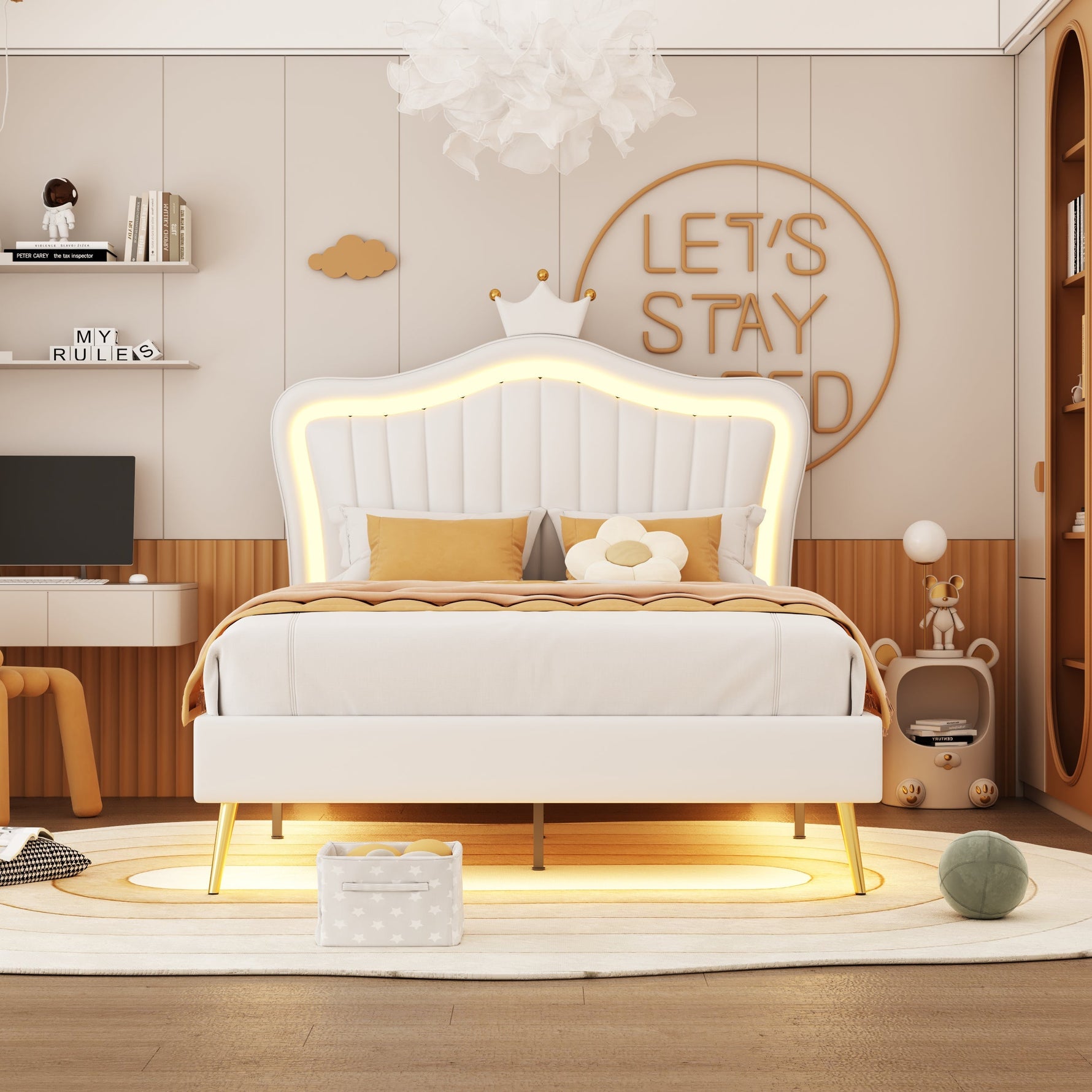 Children's Bed Upholstered, 90x200cm Crown Double Bed Frame with LED Lights, White PU Leather