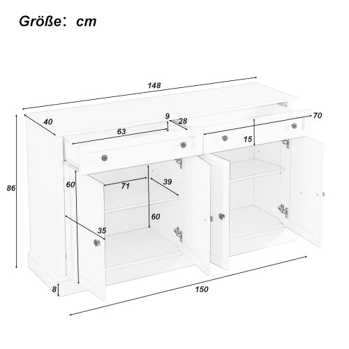 Sideboard, Modern Buffet with 4 Doors & 2 Drawers, 150x40x86cm, Antique White