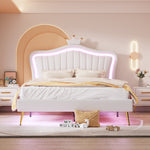 Children's Bed Upholstered, 140x200cm Crown Double with LED Lights, White PU Leather