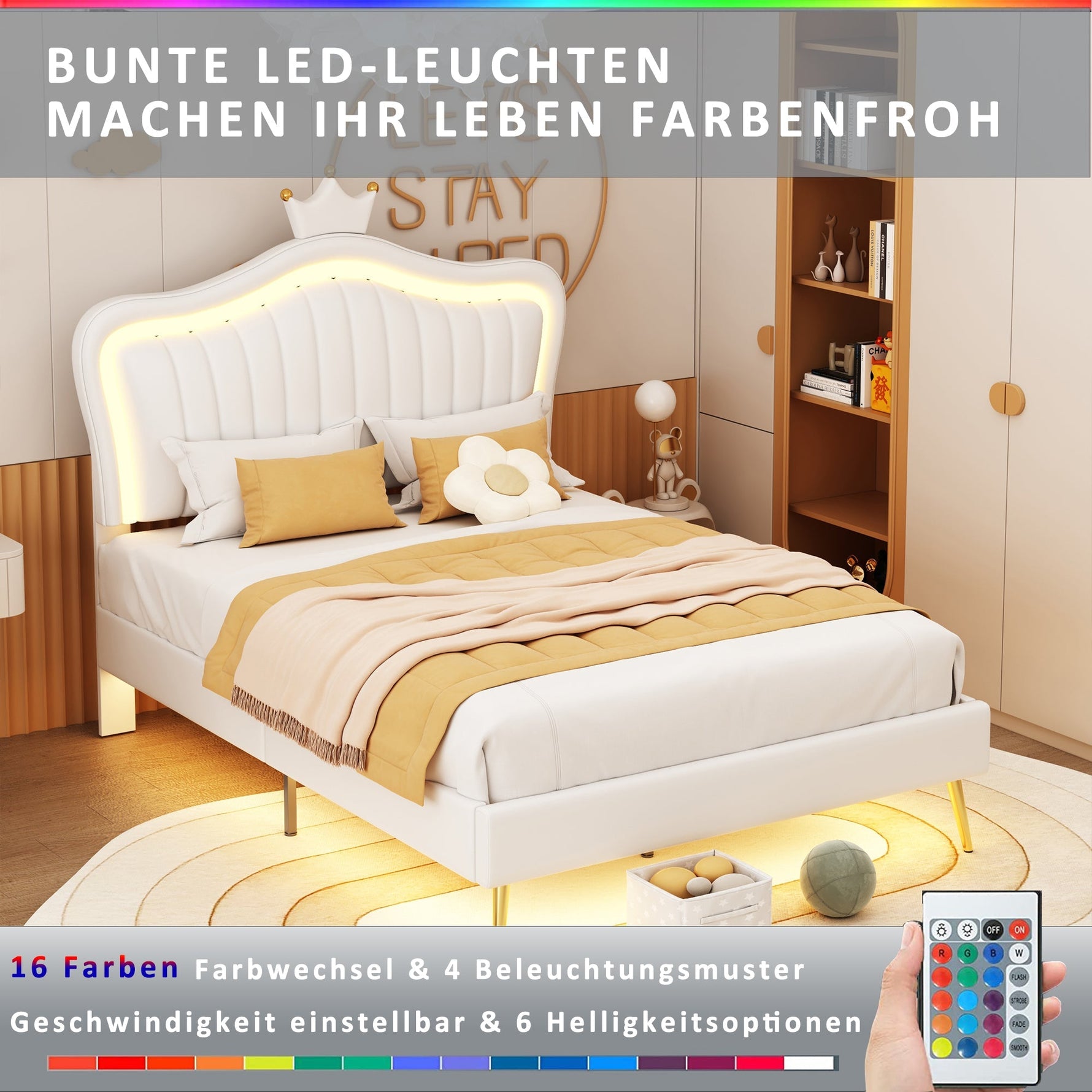 Children's Bed Upholstered, 90x200cm Crown Double Bed Frame with LED Lights, White PU Leather
