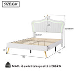 Children's Bed Upholstered, 140x200cm Crown Double with LED Lights, White PU Leather