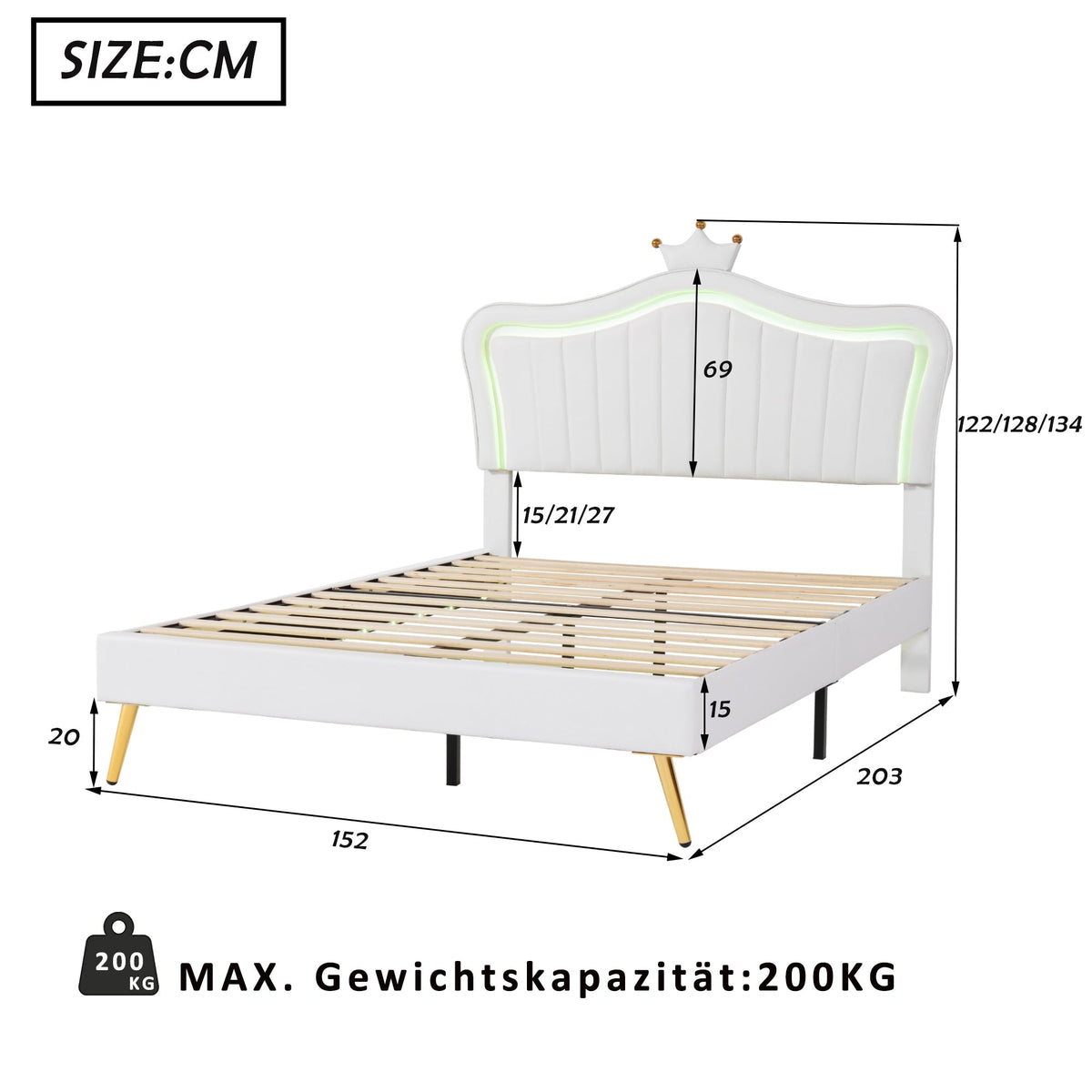 Children's Bed Upholstered, 140x200cm Crown Double with LED Lights, White PU Leather